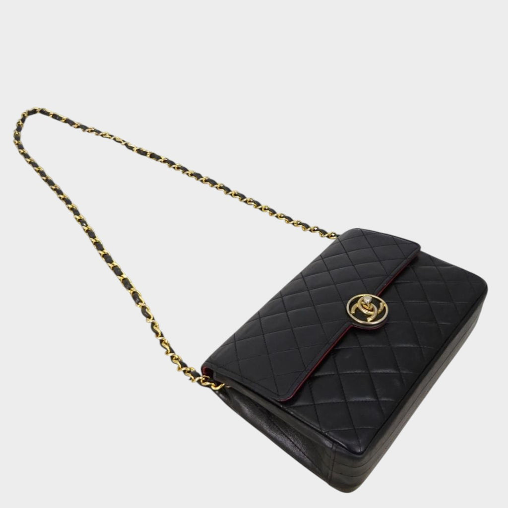 Vintage Matelassé Coco Mark Turnlock Circle Black Lambskin Gold Chain Shoulder Bag &nbsp;