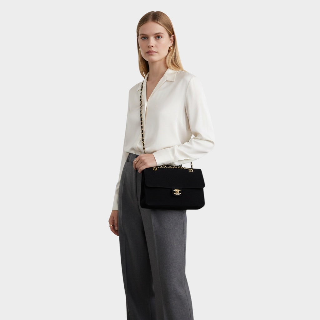 CHANEL Coco Mark Matelassé Canvas Shoulder Bag with Gold Hardware, Women's, Black