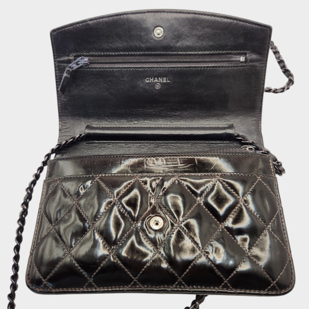 CHANEL Matelassé Enamel Chain Wallet Shoulder Bag with Coco Mark, Black
