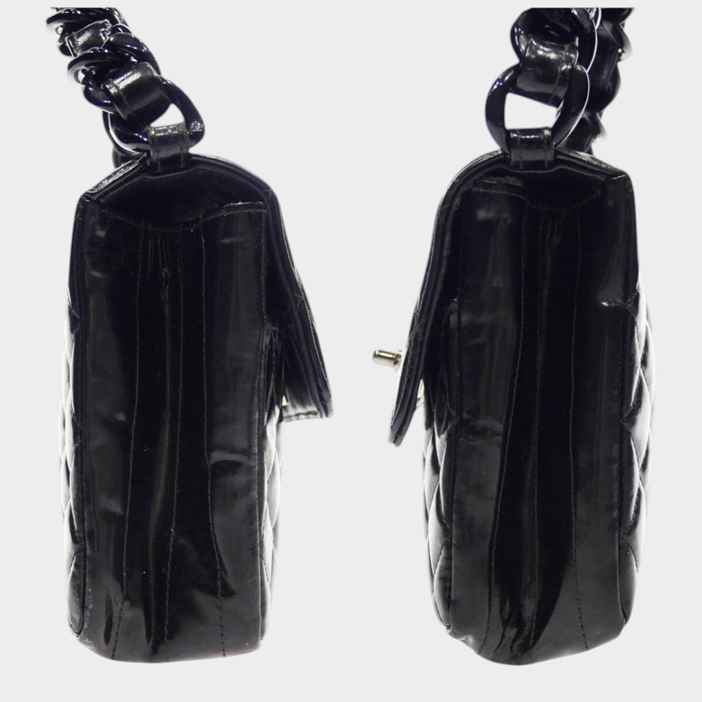 CHANEL Matelassé Chain Handbag, Coco Mark, Silver Hardware, Patent Leather, Enamel, Black, Women'