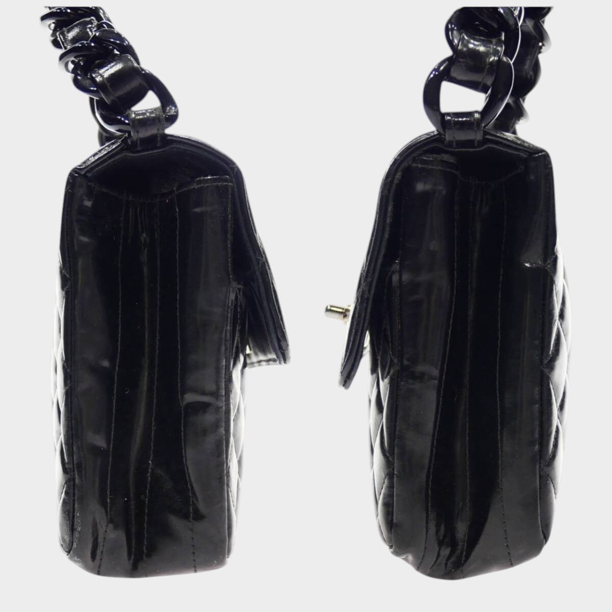 CHANEL Matelassé Chain Handbag, Coco Mark, Silver Hardware, Patent Leather, Enamel, Black, Women'