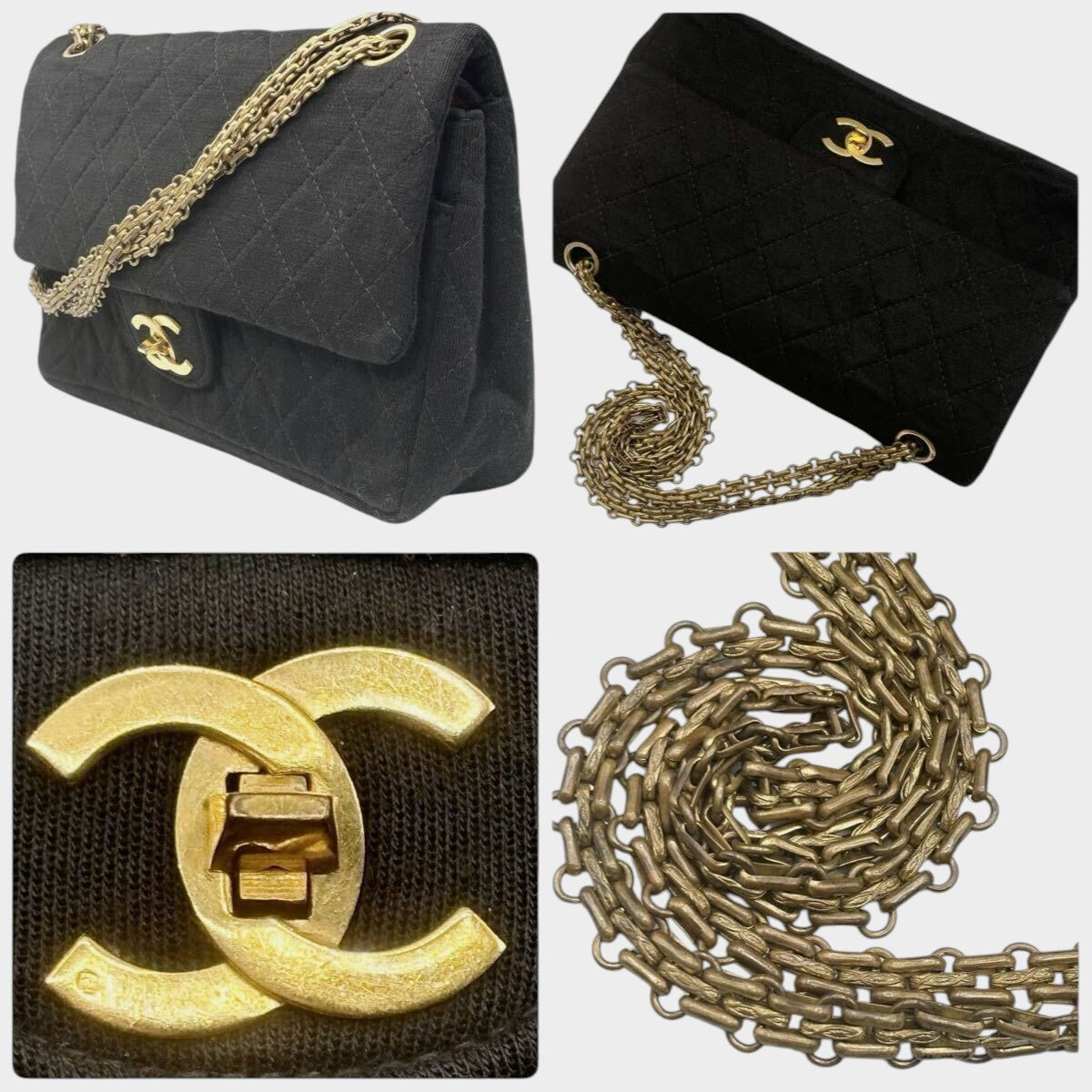CHANEL Matelassé 25 Coco Mark Cotton Double Flap Chain Shoulder Bag, Black, in excellent condition, made in France