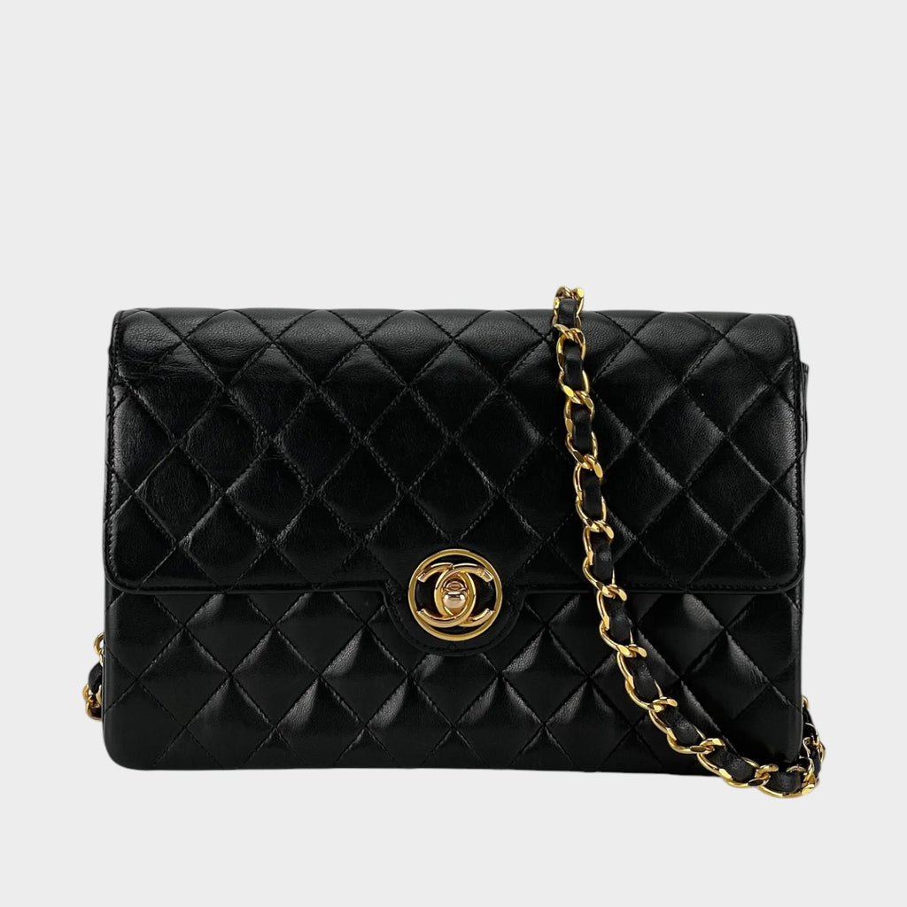 Vintage Matelassé Coco Mark Turnlock Circle Black Lambskin Gold Chain Shoulder Bag &nbsp;