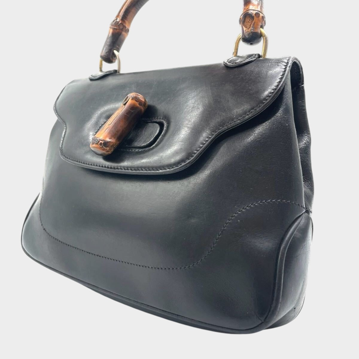 GUCCI Bamboo Handbag, Black Leather, Gold Hardware, Tasche