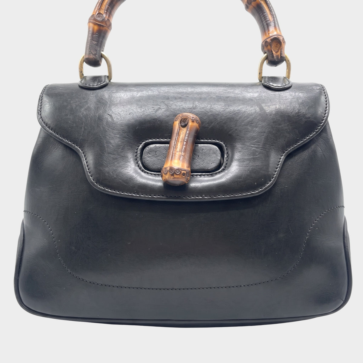 GUCCI Bamboo Handbag, Black Leather, Gold Hardware, Tasche