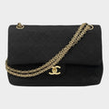 CHANEL Matelassé 25 Coco Mark Cotton Double Flap Chain Shoulder Bag, Black, in excellent condition, made in France