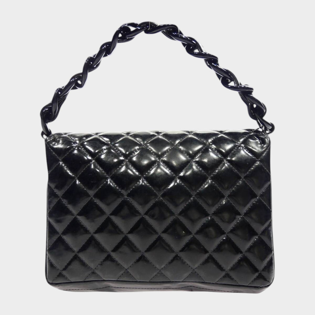 CHANEL Matelassé Chain Handbag, Coco Mark, Silver Hardware, Patent Leather, Enamel, Black, Women'