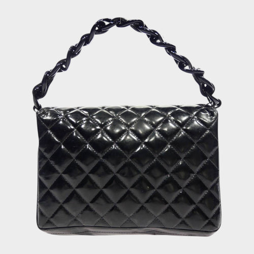 CHANEL Matelassé Chain Handbag, Coco Mark, Silver Hardware, Patent Leather, Enamel, Black, Women'