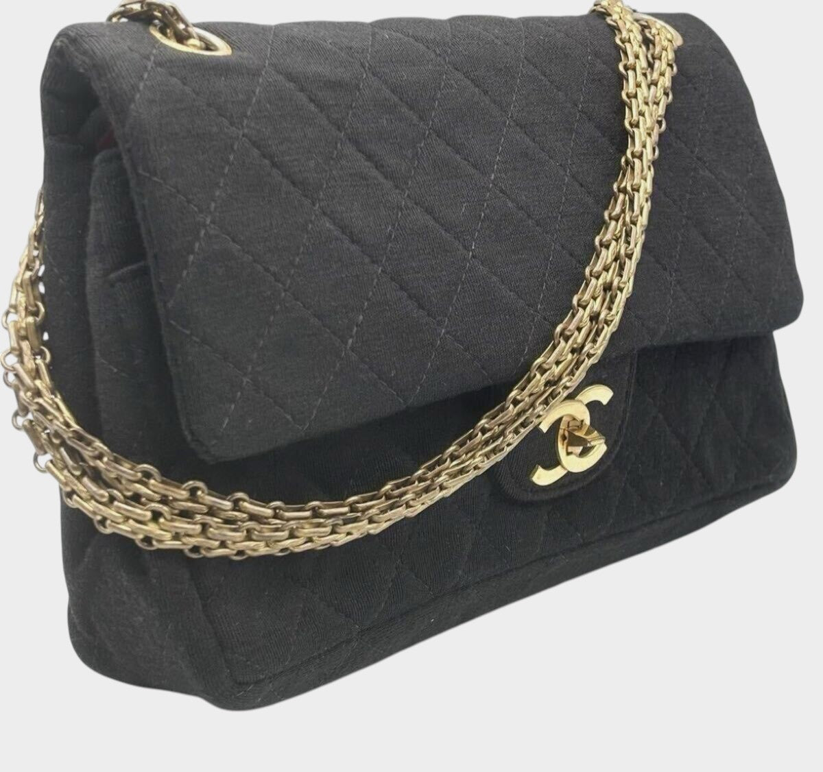 CHANEL Matelassé 25 Coco Mark Cotton Double Flap Chain Shoulder Bag, Black, in excellent condition, made in France