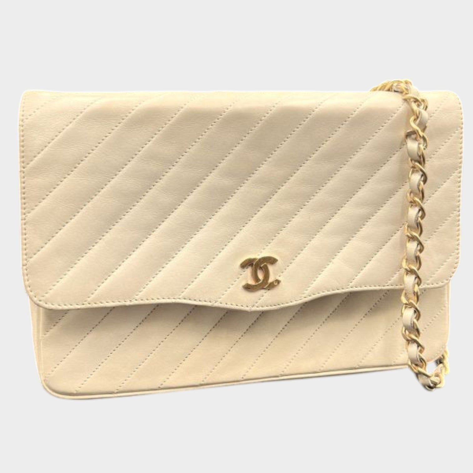 Chanel Bias Stitch Chain Shoulder Bag Coco Mark Push Lock Gold Hardware Lambskin Vintage