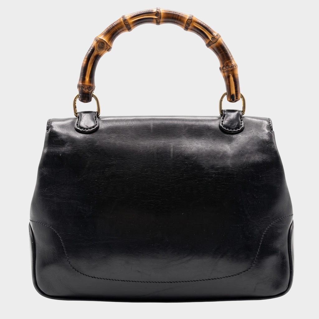 GUCCI Bamboo Handbag, Black Leather, Gold Hardware, Tasche
