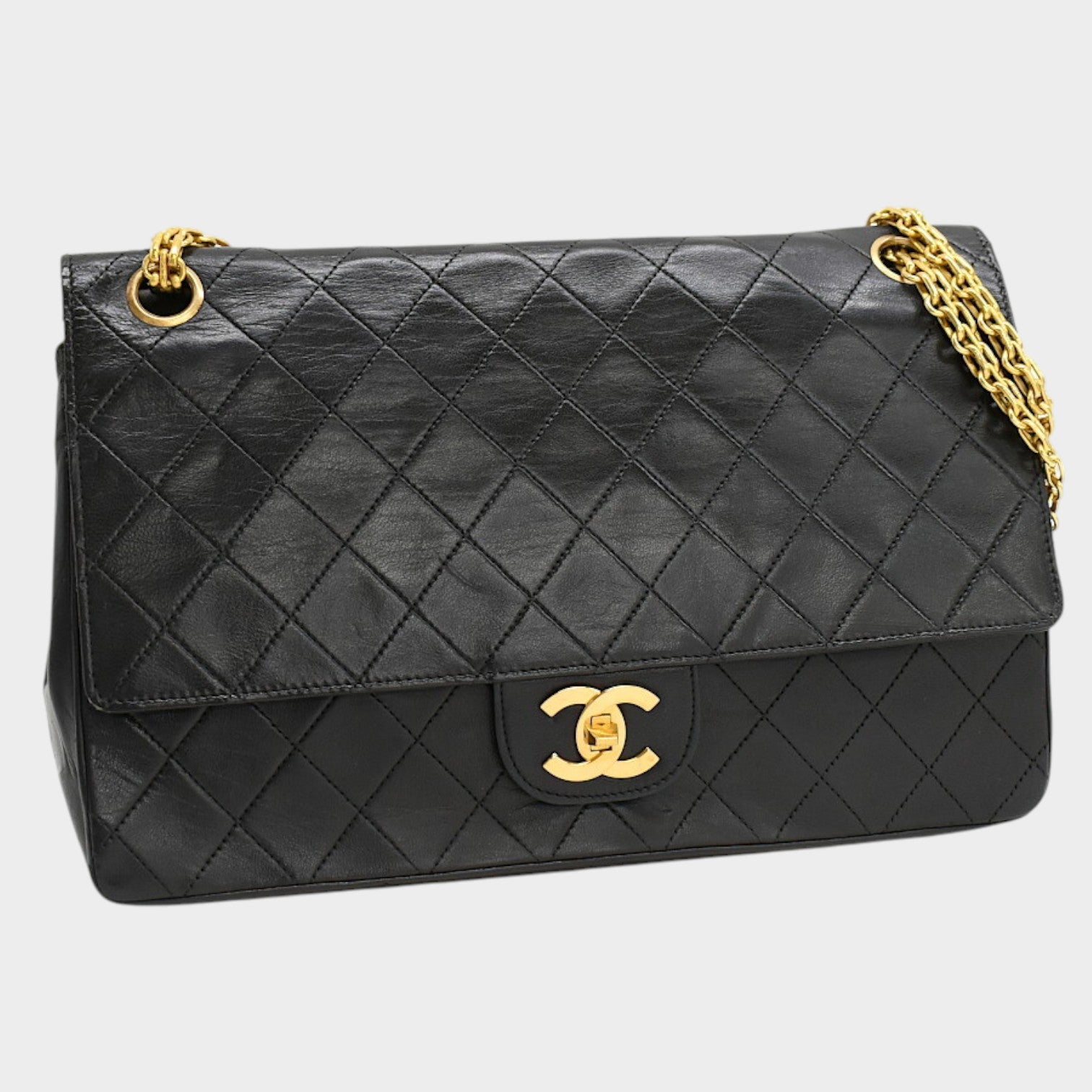 Excellent Condition CHANEL Chain Shoulder Bag Matelassé Coco Mark Lambskin Black Gold Hardware