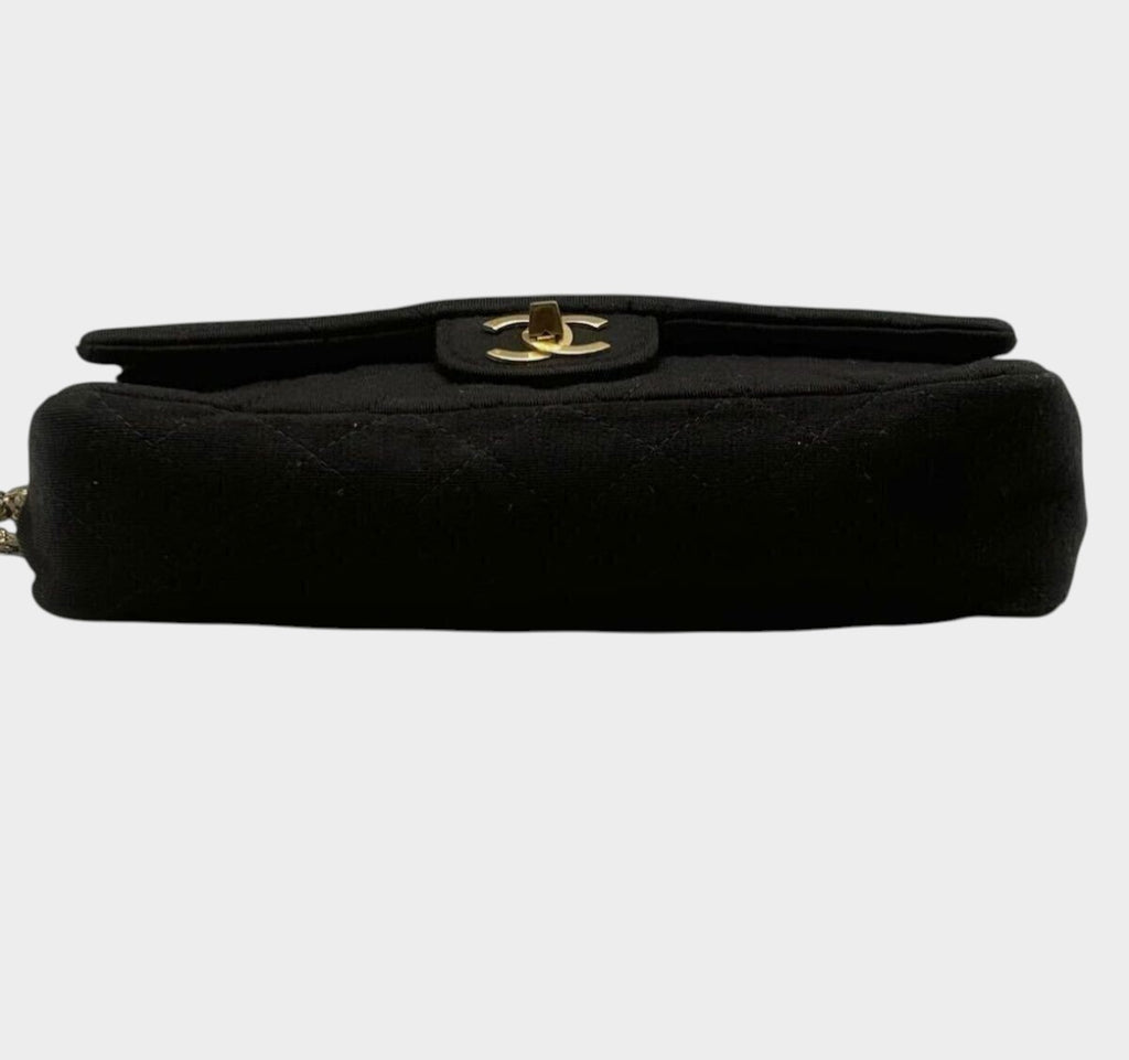 CHANEL Matelassé 25 Coco Mark Cotton Double Flap Chain Shoulder Bag, Black, in excellent condition, made in France