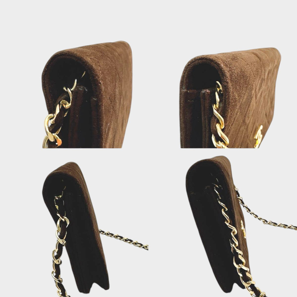 Good condition Matelassé chain shoulder bag, suede, compact size, Coco Mark, dark brown, one-shoulder style, slightly flawed.