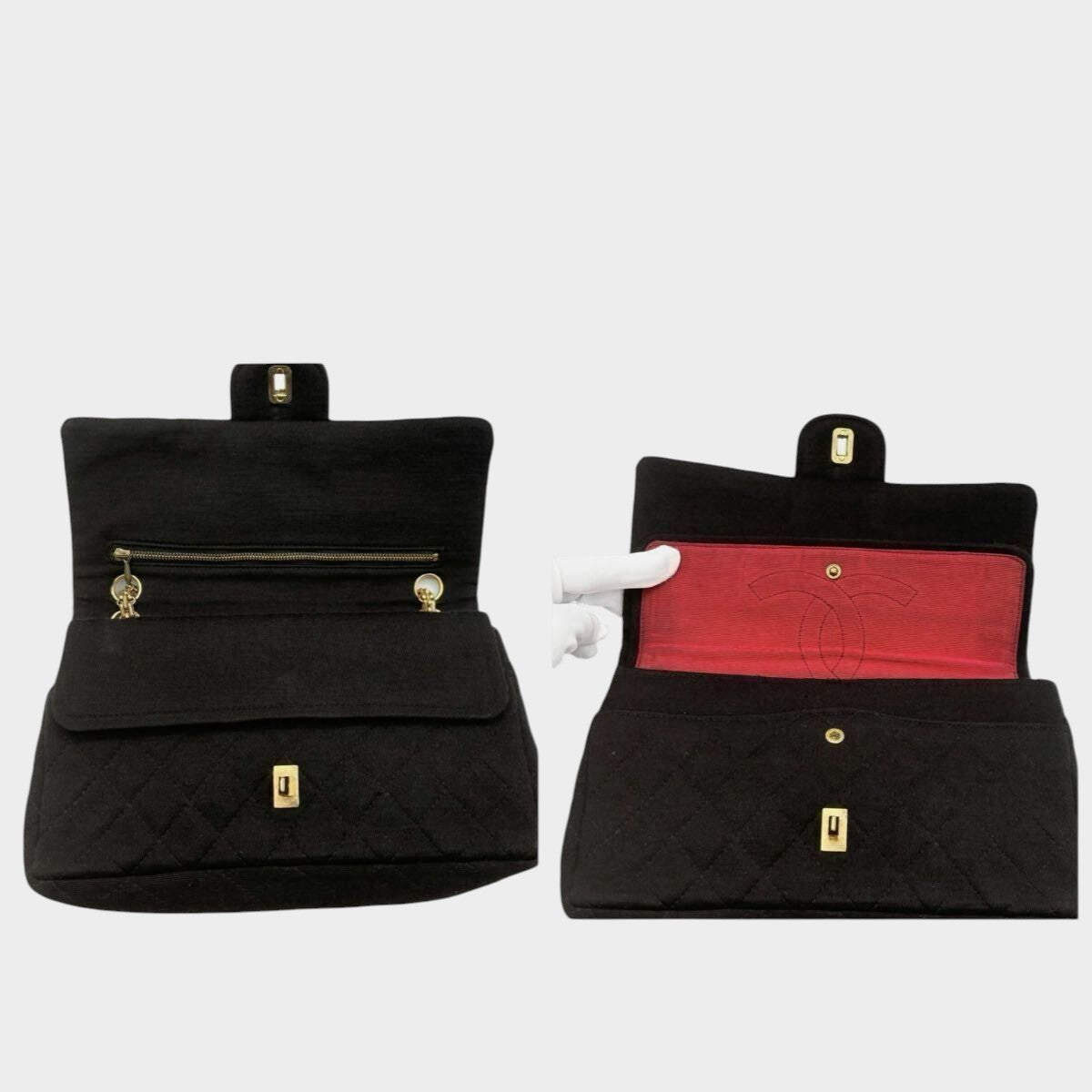 CHANEL Matelassé 25 Coco Mark Cotton Double Flap Chain Shoulder Bag, Black, in excellent condition, made in France