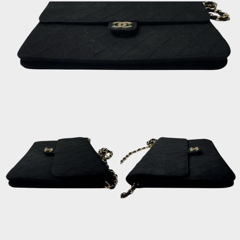 Chanel Matelassé Cotton Chain Shoulder Bag, Single Flap, Gold Hardware, Black