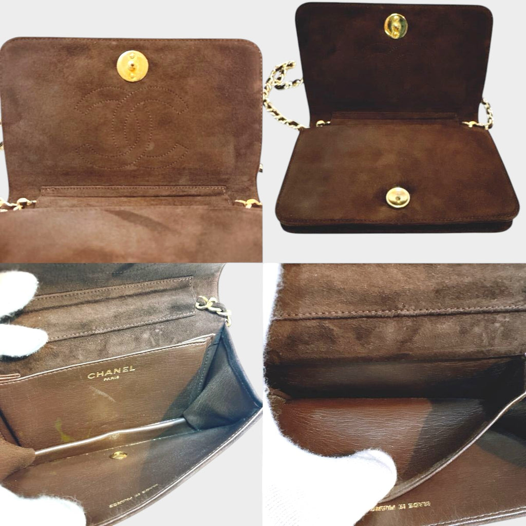 Good condition Matelassé chain shoulder bag, suede, compact size, Coco Mark, dark brown, one-shoulder style, slightly flawed.