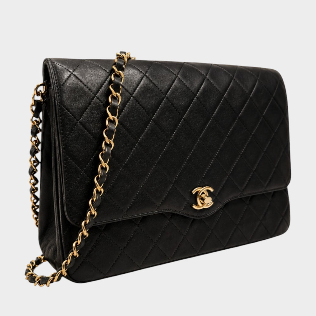 CHANEL Matelassé Lambskin Chain Shoulder Bag, Black with Gold Hardware, Vintage