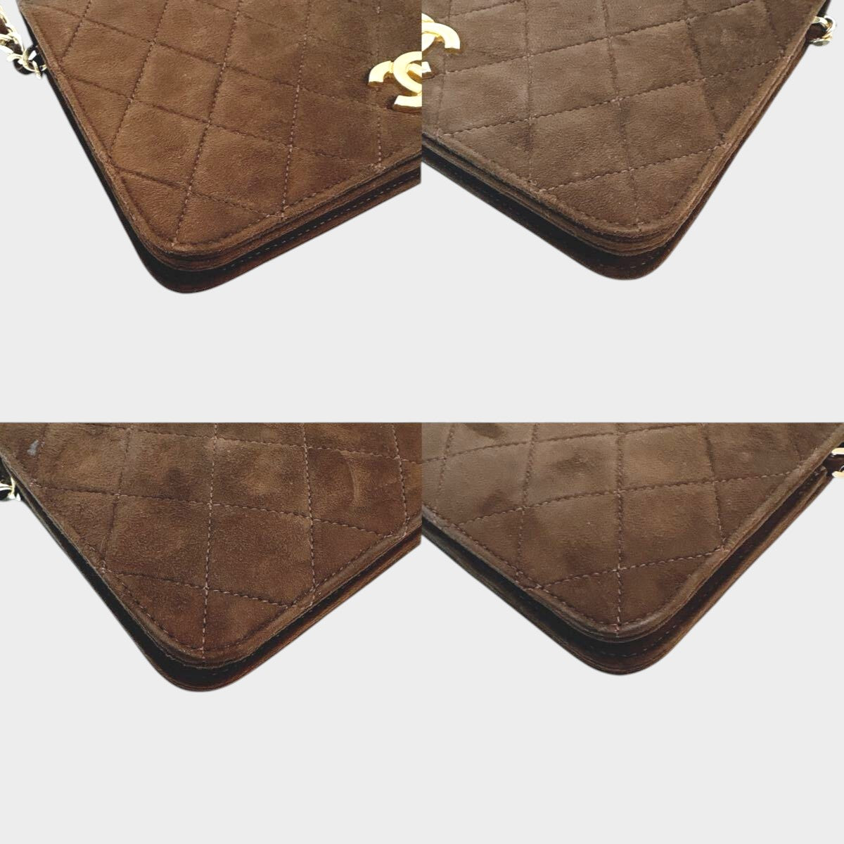 Good condition Matelassé chain shoulder bag, suede, compact size, Coco Mark, dark brown, one-shoulder style, slightly flawed.