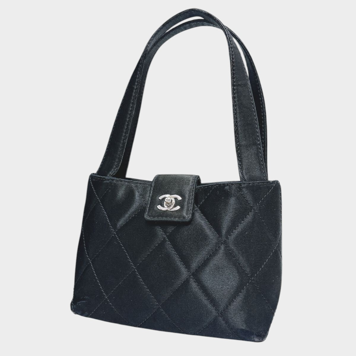 Mini Matelassé Satin Handbag, Black, Turnlock Closure, Mini Size, Compact, Boutique Style, tasche