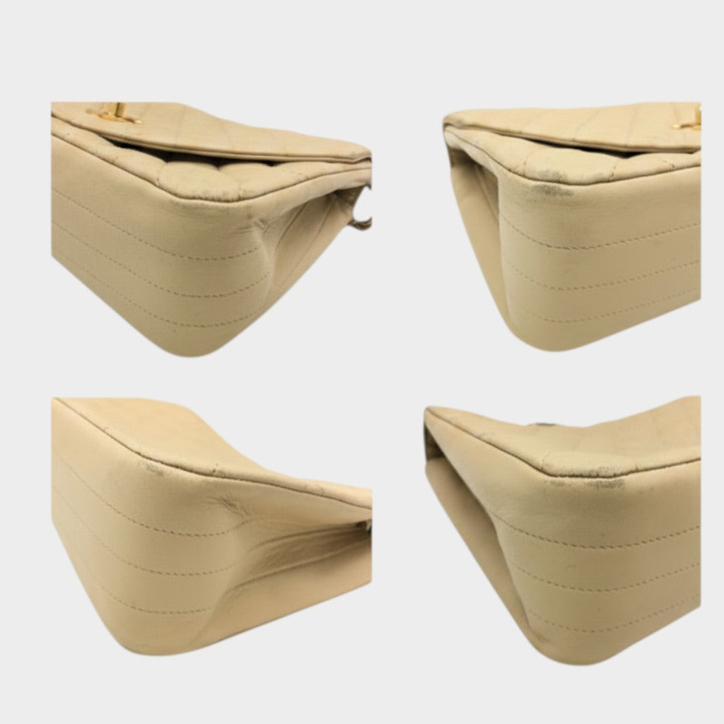 CHANEL Matelassé Lambskin Bag, Beige, Gold Hardware, Single Flap ■(H×W×D): Approx. 15.5cm×22.5cm×7.0cm