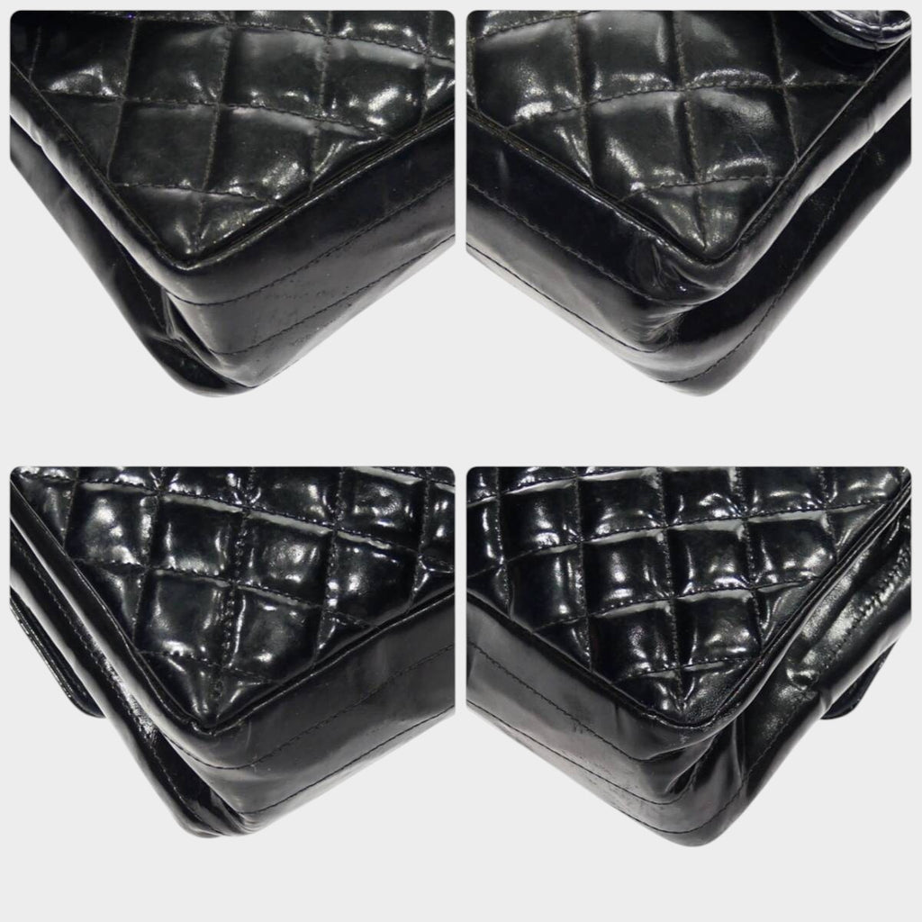 CHANEL Matelassé Chain Handbag, Coco Mark, Silver Hardware, Patent Leather, Enamel, Black, Women'