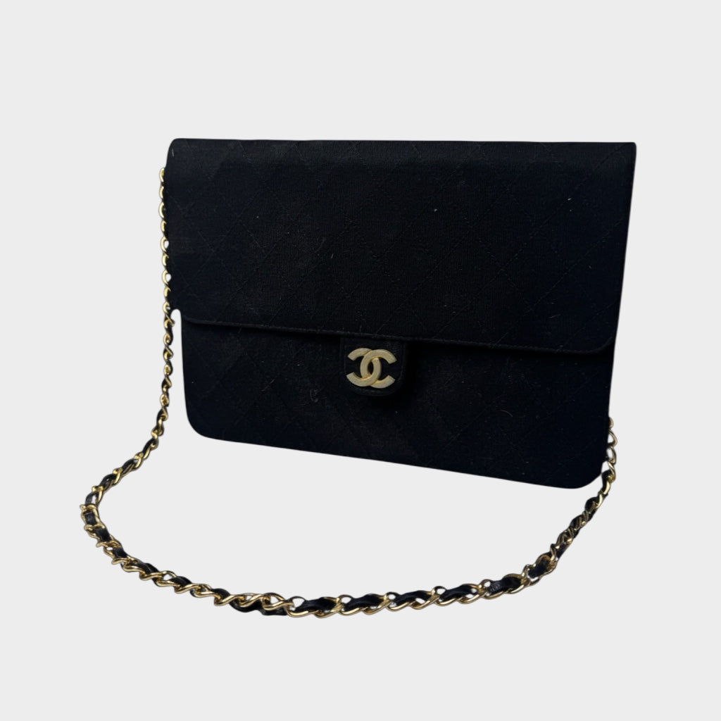 Chanel Matelassé Cotton Chain Shoulder Bag, Single Flap, Gold Hardware, Black