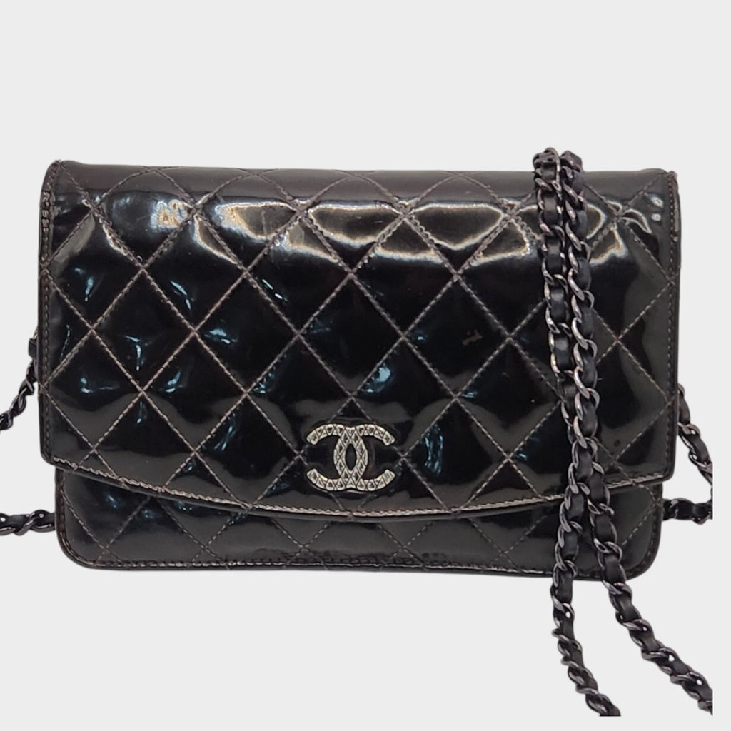 CHANEL Matelassé Enamel Chain Wallet Shoulder Bag with Coco Mark, Black