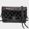 CHANEL Matelassé Enamel Chain Wallet Shoulder Bag with Coco Mark, Black