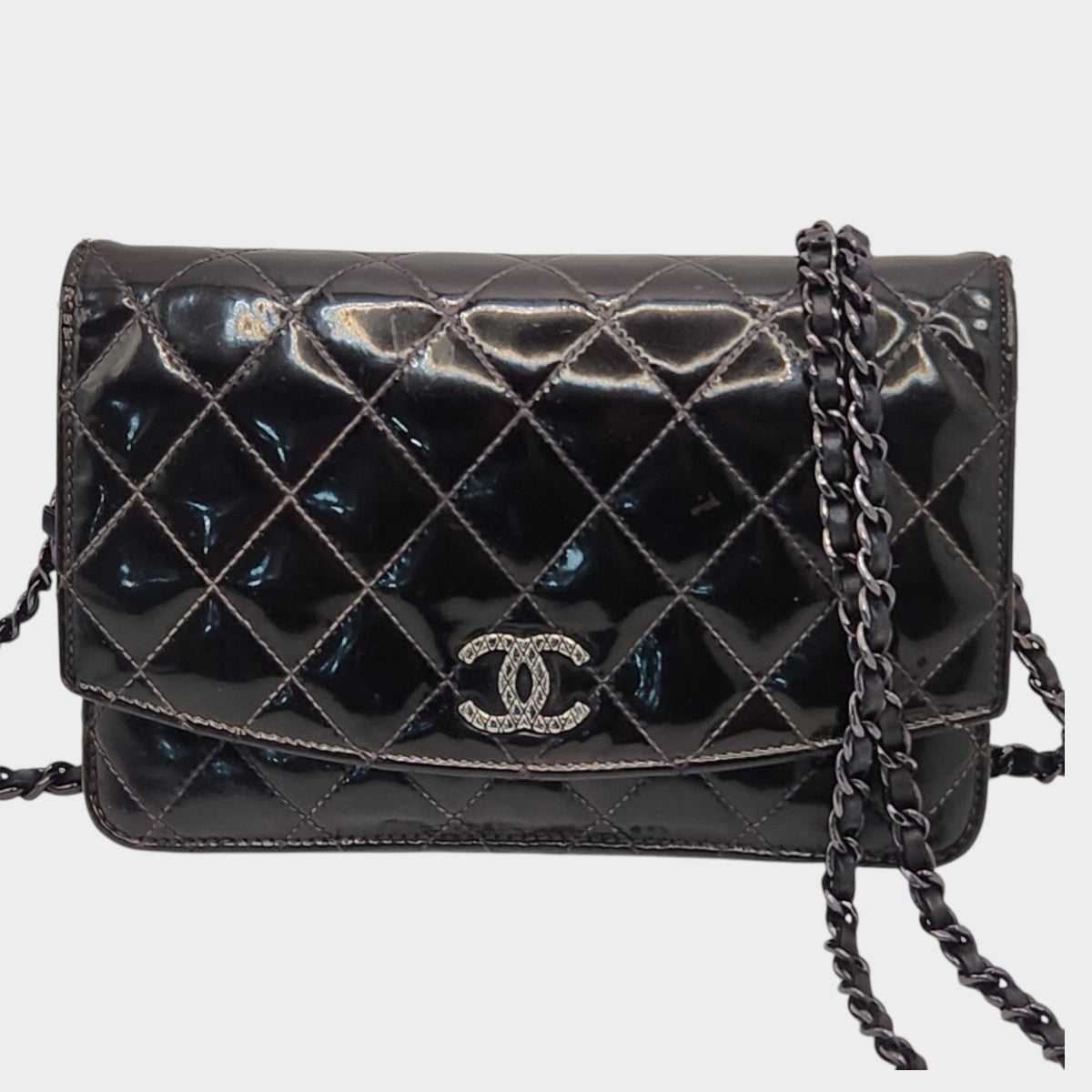 CHANEL Matelassé Enamel Chain Wallet Shoulder Bag with Coco Mark, Black