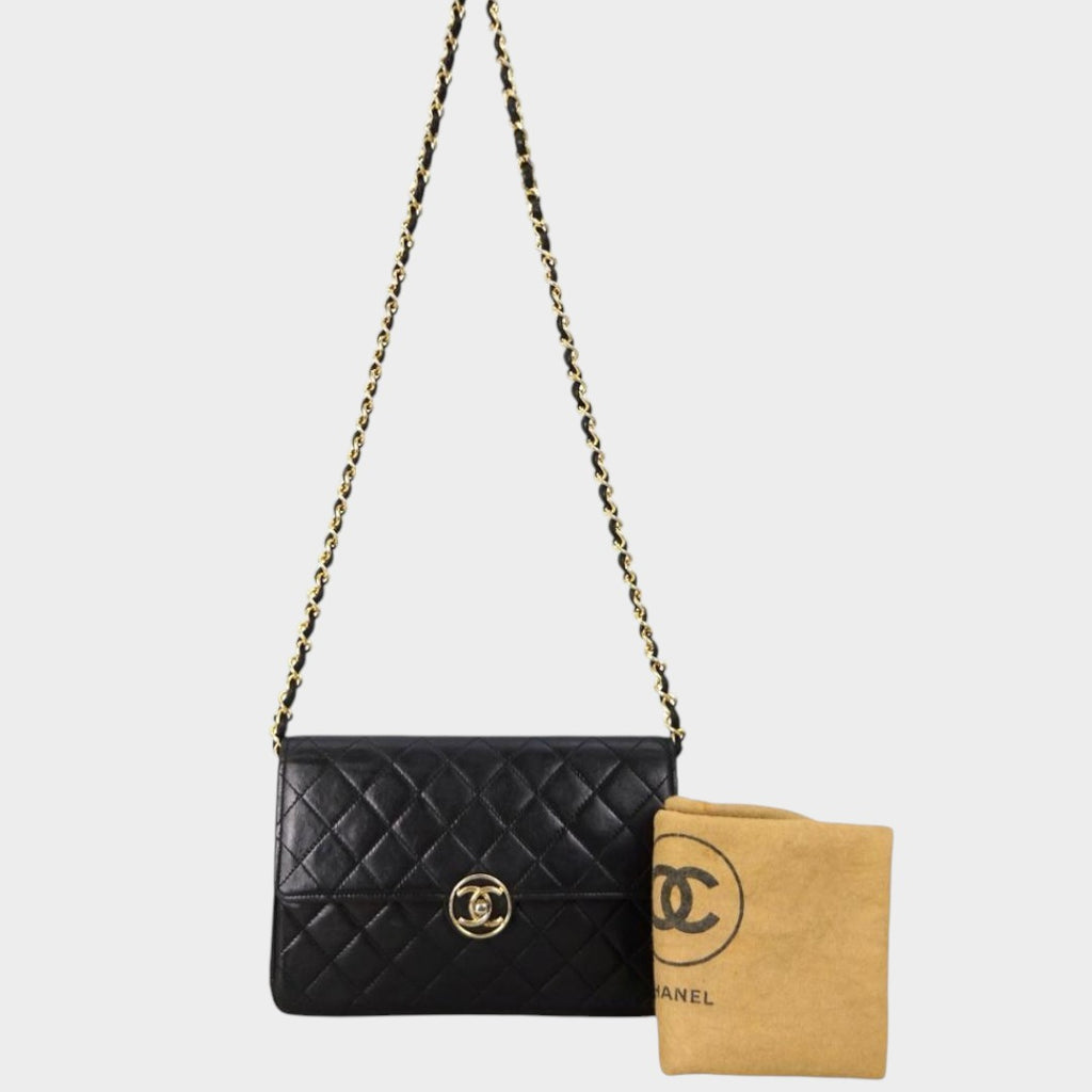 Vintage Matelassé Coco Mark Turnlock Circle Black Lambskin Gold Chain Shoulder Bag &nbsp;
