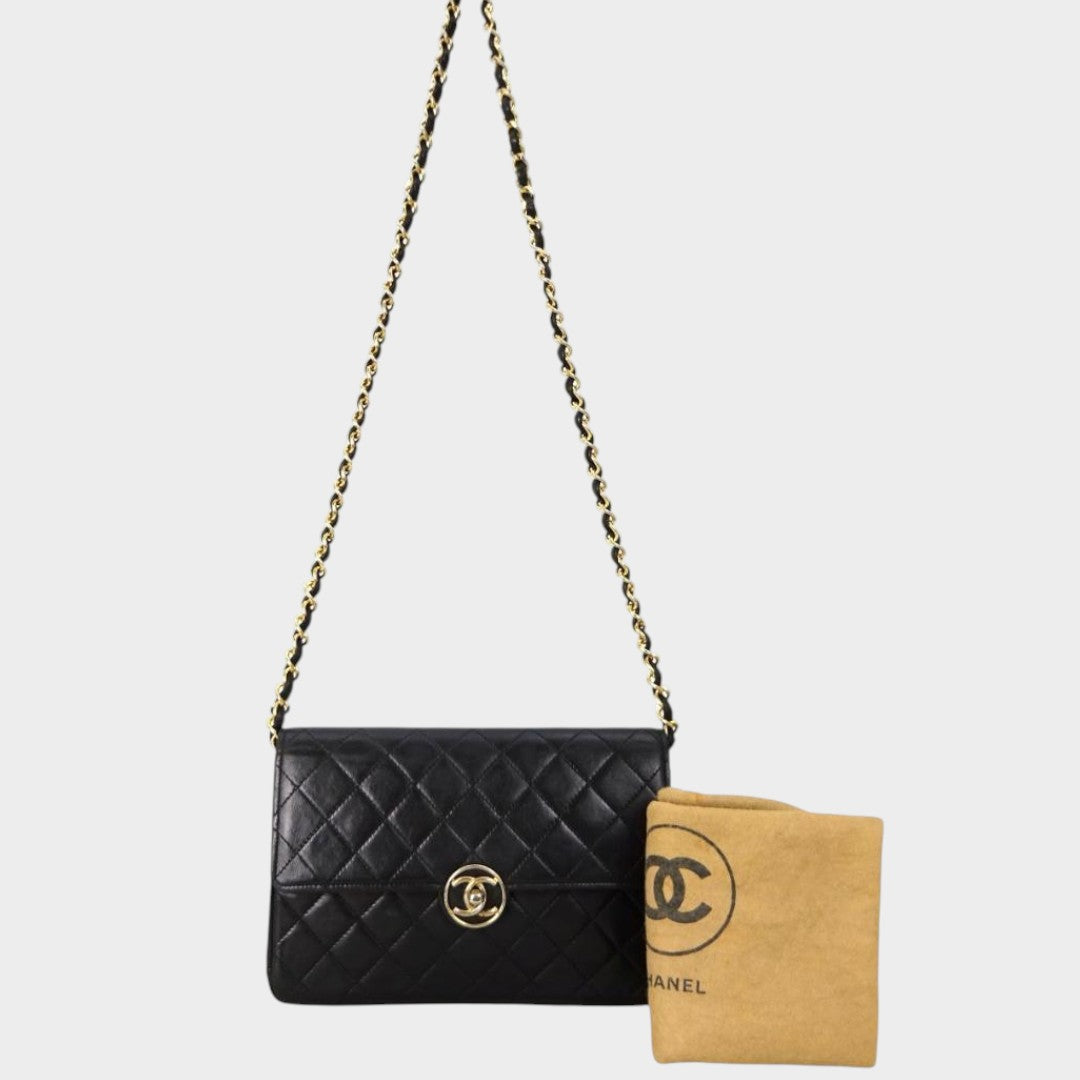 Vintage Matelassé Coco Mark Turnlock Circle Black Lambskin Gold Chain Shoulder Bag &nbsp;