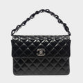 CHANEL Matelassé Chain Handbag, Coco Mark, Silver Hardware, Patent Leather, Enamel, Black, Women'