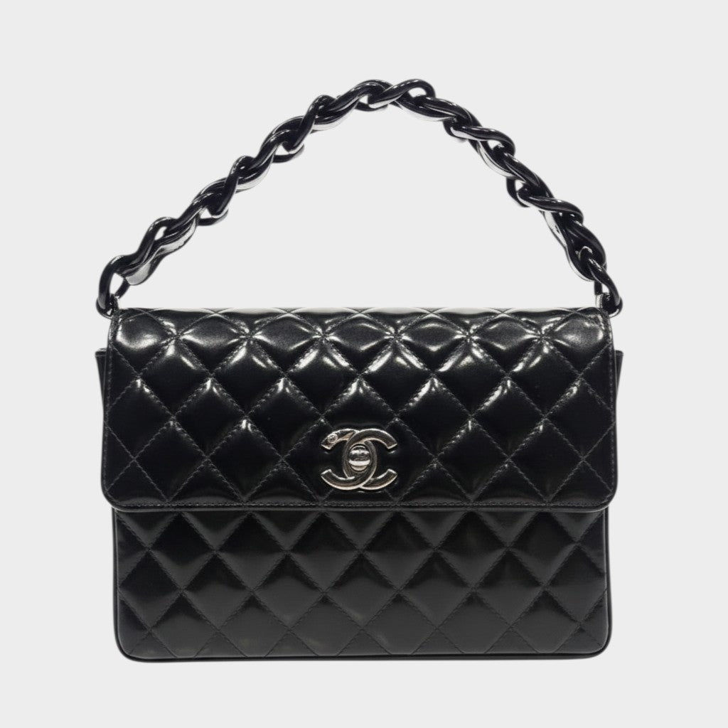 CHANEL Matelassé Chain Handbag, Coco Mark, Silver Hardware, Patent Leather, Enamel, Black, Women'