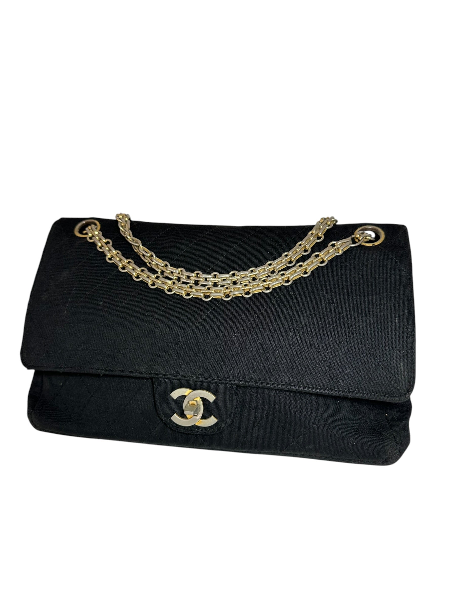Chanel  Matelassé Cotton Jersey Chain Shoulder Bag, Lambskin, Black with Gold Coco Mark
