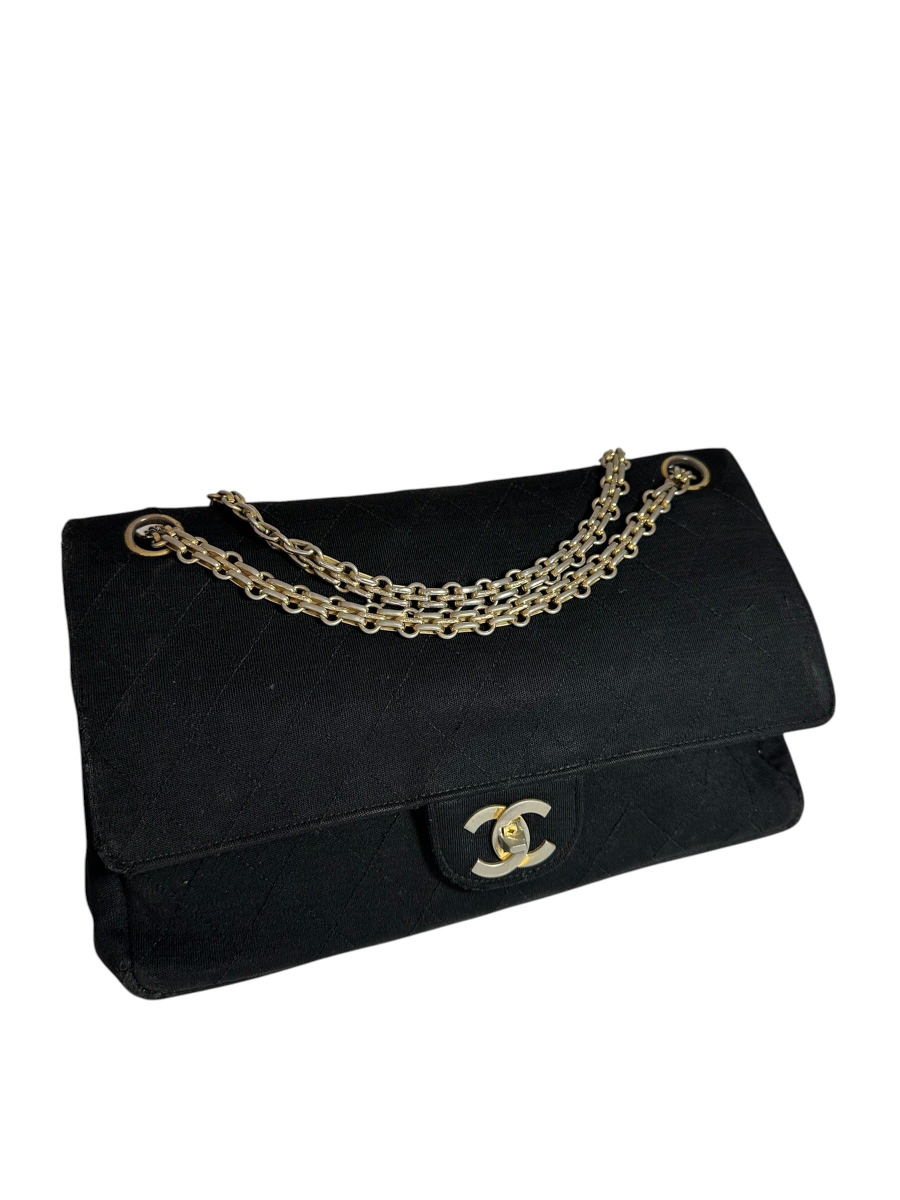 Chanel  Matelassé Cotton Jersey Chain Shoulder Bag, Lambskin, Black with Gold Coco Mark