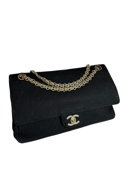 Chanel  Matelassé Cotton Jersey Chain Shoulder Bag, Lambskin, Black with Gold Coco Mark