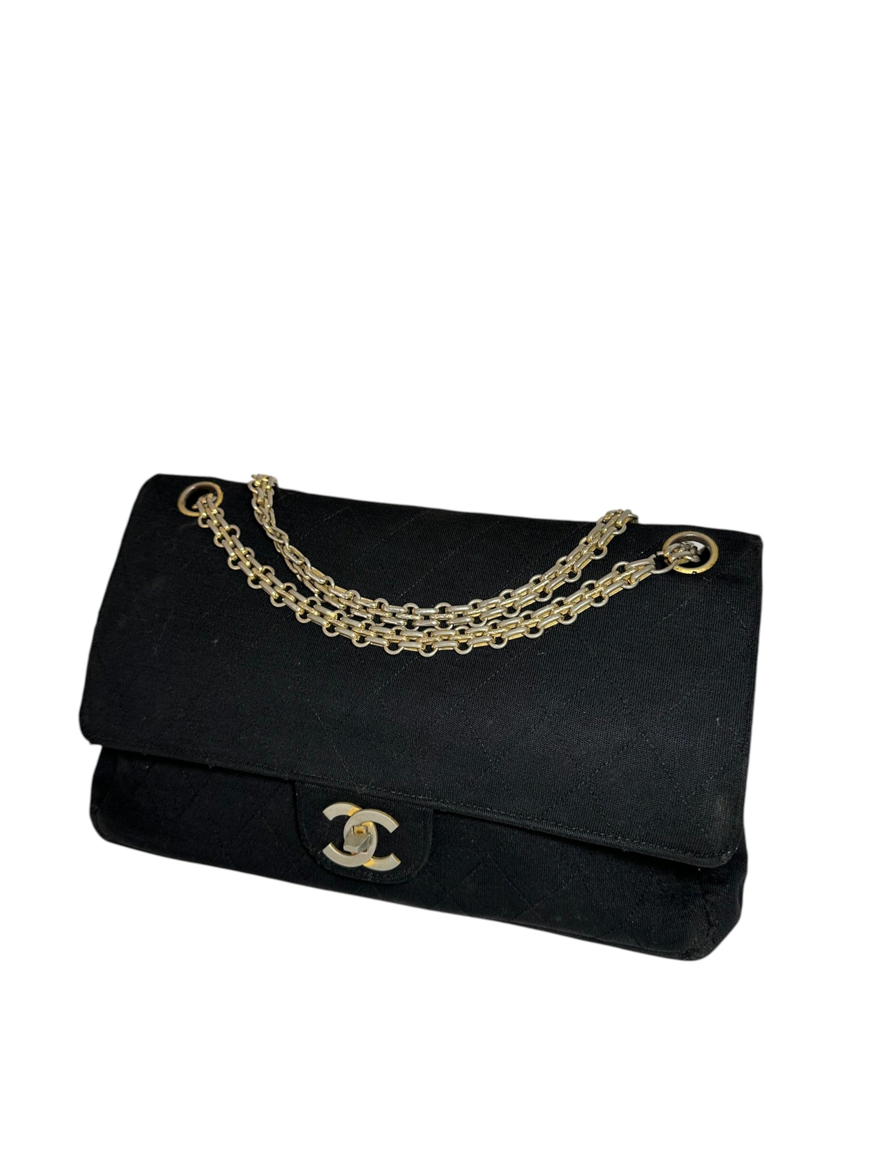 Chanel  Matelassé Cotton Jersey Chain Shoulder Bag, Lambskin, Black with Gold Coco Mark