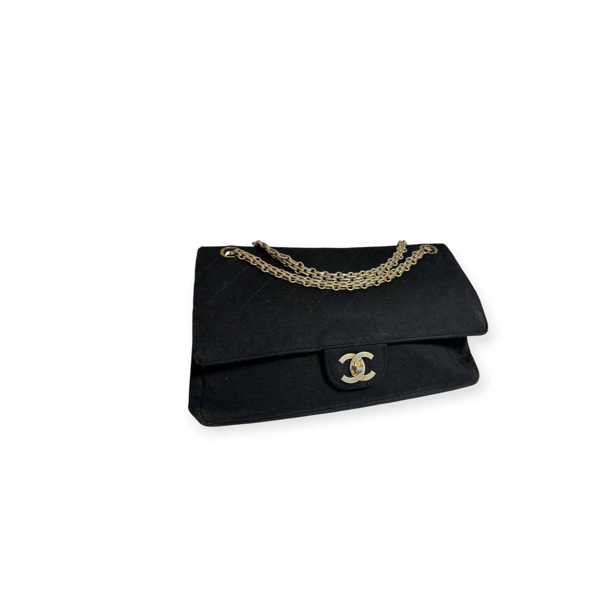 Chanel  Matelassé Cotton Jersey Chain Shoulder Bag, Lambskin, Black with Gold Coco Mark