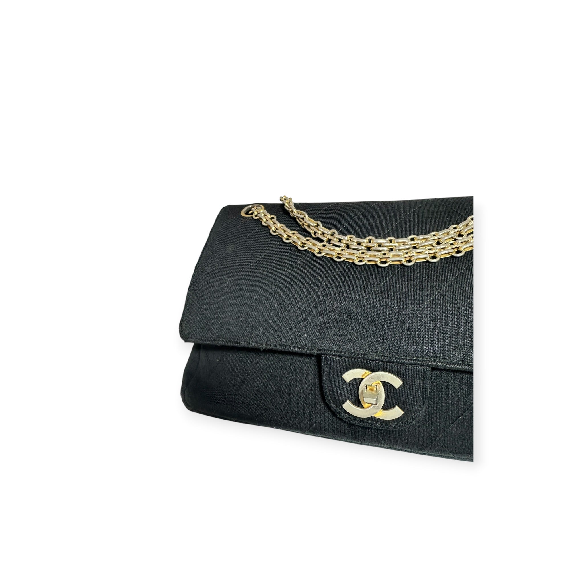 Chanel  Matelassé Cotton Jersey Chain Shoulder Bag, Lambskin, Black with Gold Coco Mark