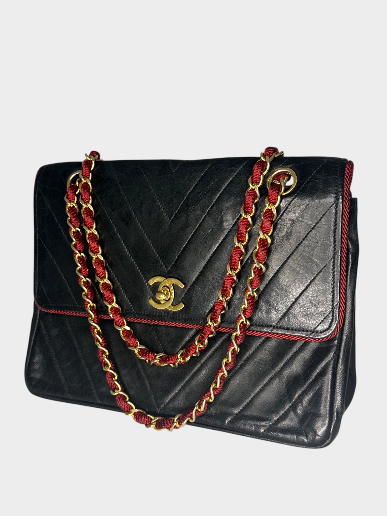Excellent Condition CHANEL Coco Mark V-Stitch Lambskin Leather Chain Shoulder Bag, Bicolor Black, Women's a1