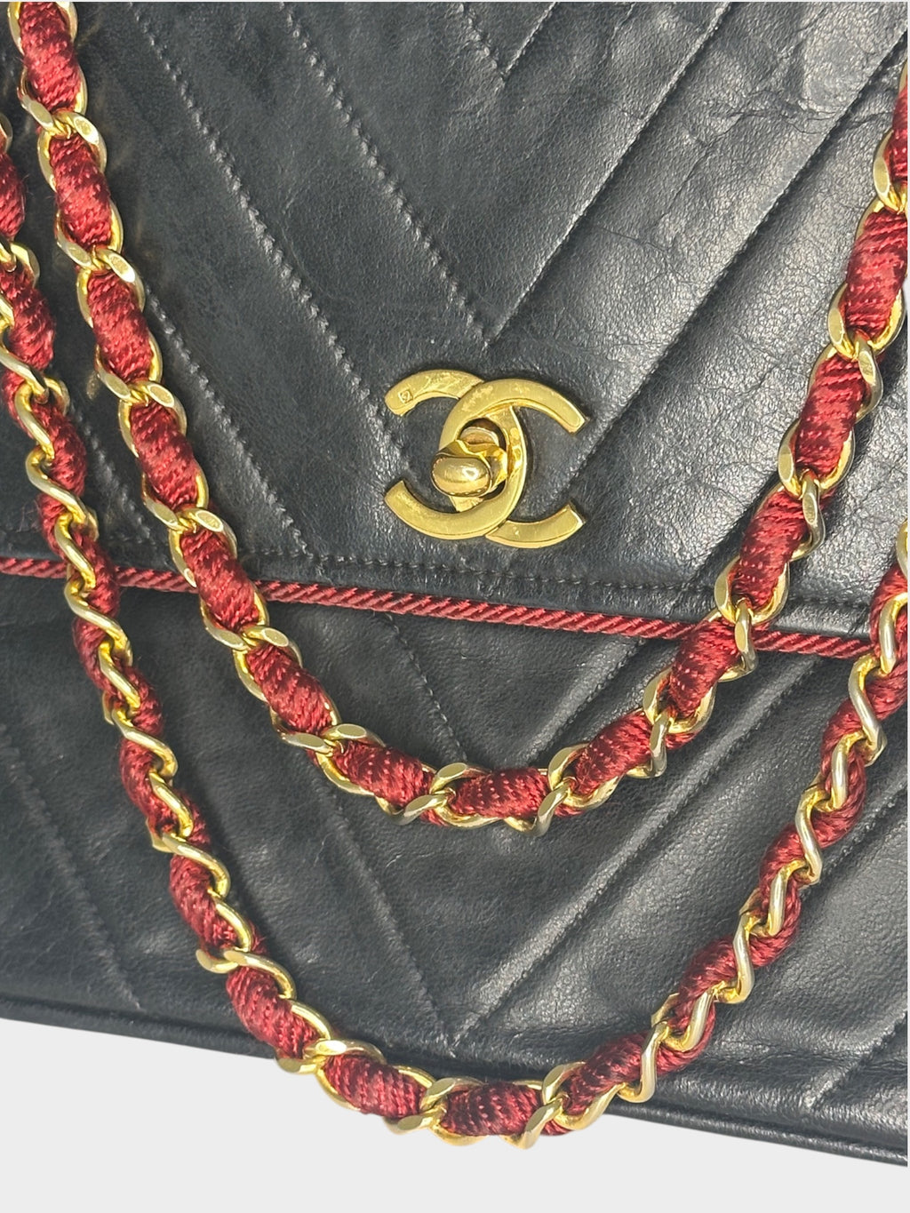 Excellent Condition CHANEL Coco Mark V-Stitch Lambskin Leather Chain Shoulder Bag, Bicolor Black, Women's a1