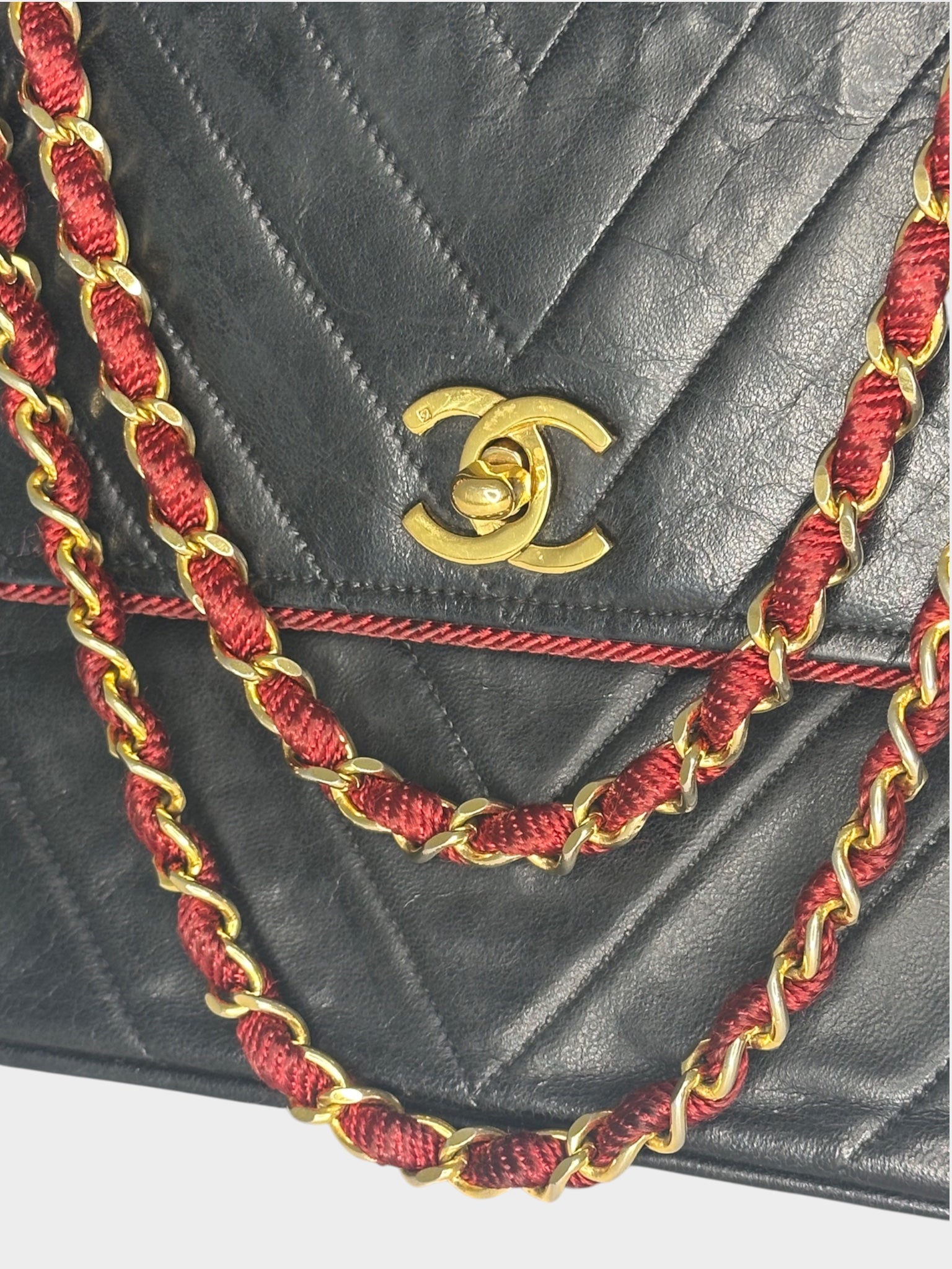 Excellent Condition CHANEL Coco Mark V-Stitch Lambskin Leather Chain Shoulder Bag, Bicolor Black, Women's a1