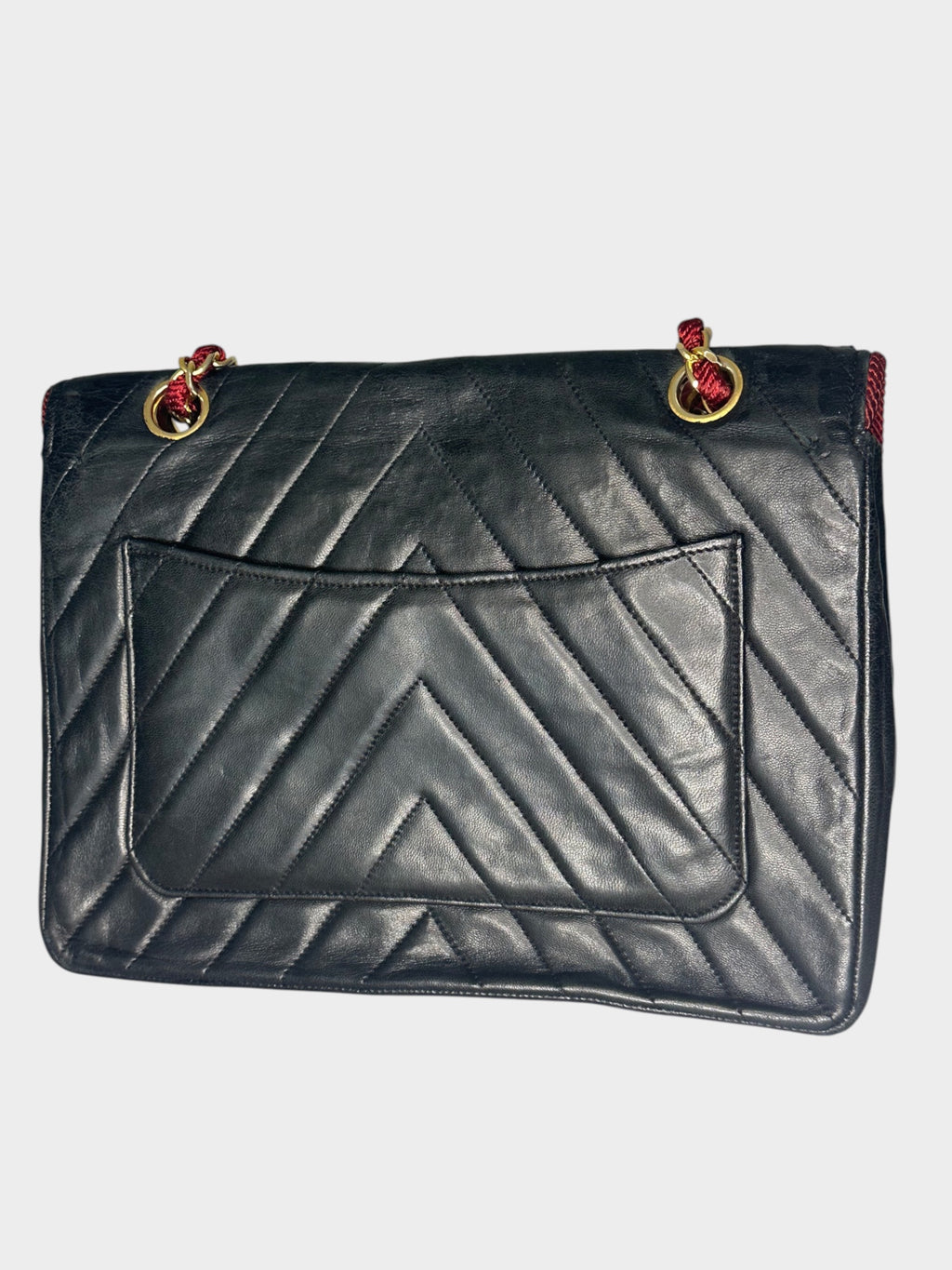 Excellent Condition CHANEL Coco Mark V-Stitch Lambskin Leather Chain Shoulder Bag, Bicolor Black, Women's a1