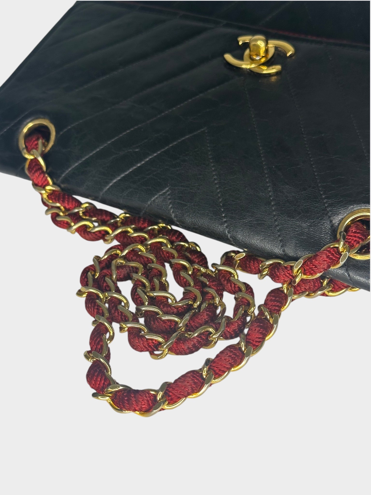 Excellent Condition CHANEL Coco Mark V-Stitch Lambskin Leather Chain Shoulder Bag, Bicolor Black, Women's a1
