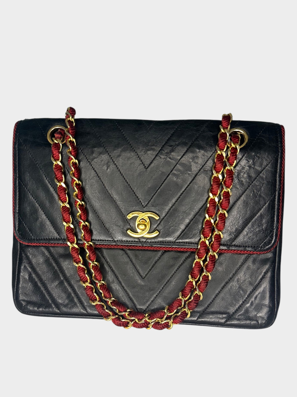 Excellent Condition CHANEL Coco Mark V-Stitch Lambskin Leather Chain Shoulder Bag, Bicolor Black, Women's a1