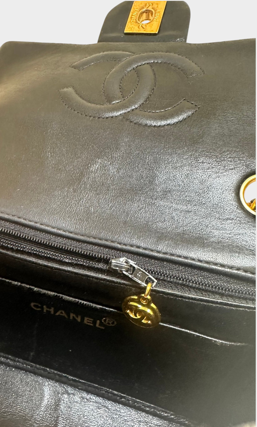 Chanel Chain Shoulder Bag Mini Matelasse Coco Mark Lambskin Leather Black with Gold Hardware