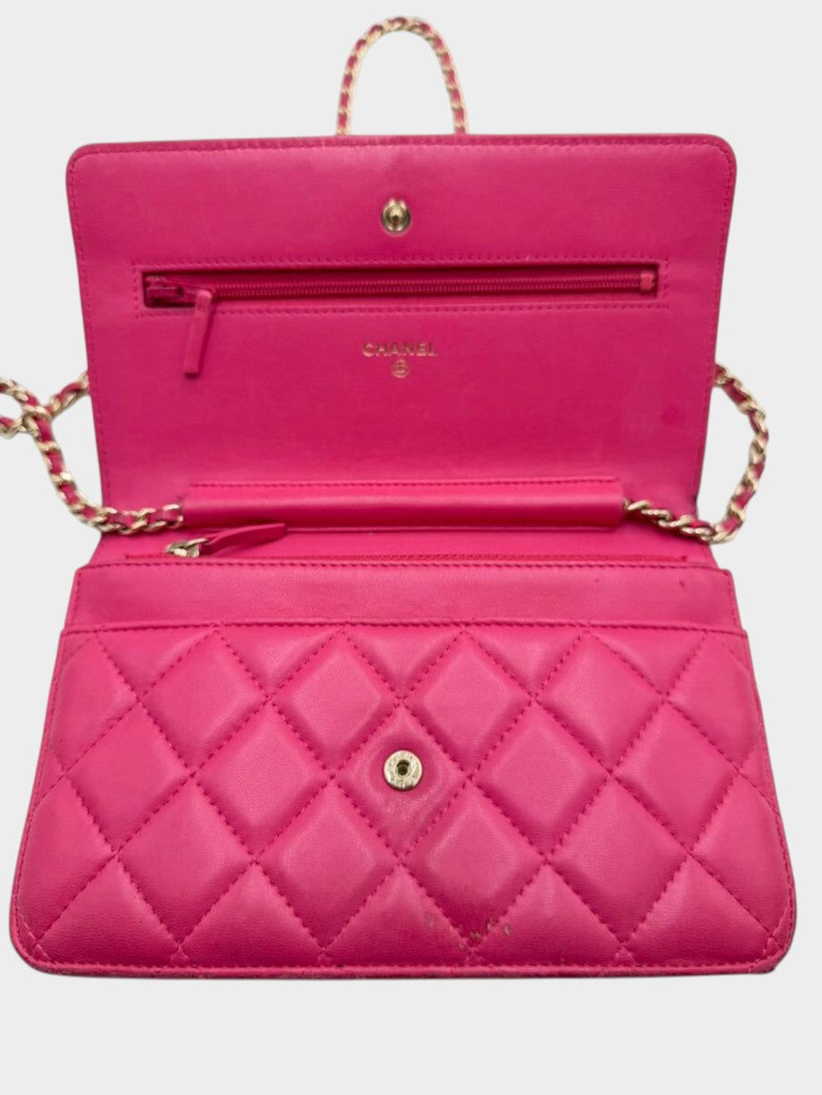 CHANEL Matelassé Chain Wallet, Lambskin, Pink