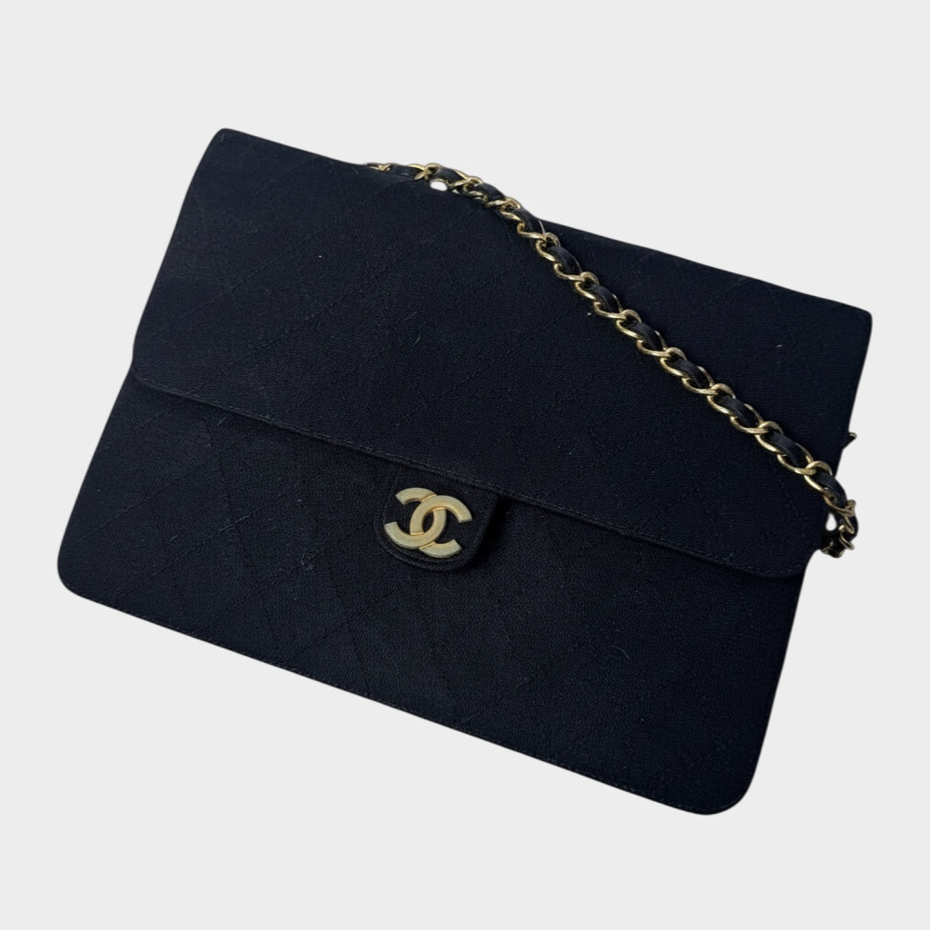 Chanel Matelassé Cotton Chain Shoulder Bag, Single Flap, Gold Hardware, Black
