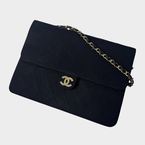 Chanel Matelassé Cotton Chain Shoulder Bag, Single Flap, Gold Hardware, Black